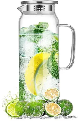 Produktbild von Glaskaraffe mit Deckel, 1,5 Liter, Wasserkanne mit versiegeltem Deckel, hitzebeständige Wasserschlaufe für kaltes oder heißes Wasser, Glasdose für Wein, Eistee und Saftgetränke