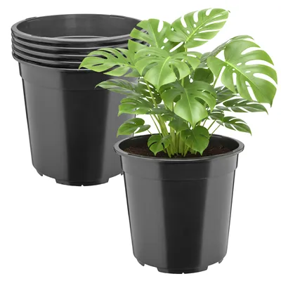 Image de Ensemble de 5 pots ronds en plastique noir, de grande taille, avec trous de drainage (Ø 24 x 22 cm, 7 litres) – Référence : GD-KW-RH