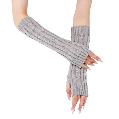 Produktbild von 1 Paar Strickhandschuhe Damen,Gestrickte Armwärmer Pulswärmer, Strick Fingerlose Handschuhe mit Daumenloch, Farbe: Hellgrau