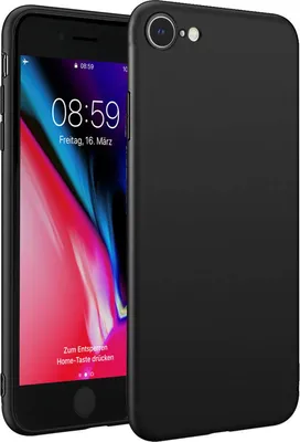 A black silicone phone case is shown next to a smartphone displaying a lock screen.