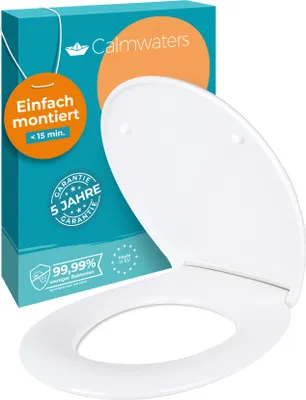 Produktbild von Calmwaters® Toilettendeckel mit Absenkautomatik, WC Sitz einfache Montage, bis 250 kg, EU, aus antibakteriellem Duroplast, 2 Befestigungsarten, abnehmbar, Klobrille oval, Klodeckel Weiß