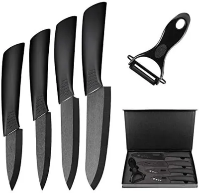 Produktbild von PromoHome® Keramik Messerset 5-teilig mit Schutzhüllen - Scharfe Küchenmesser für Fleisch, Fisch, Gemüse und Obst - Rutschfeste Griffe