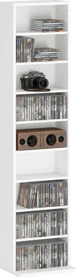 Produktbild von CD/DVD Regal - Schmales Standregal für CDs - 9 Fächer mit verstellbaren Böden - Holz - 33x24x140 cm - Weiß