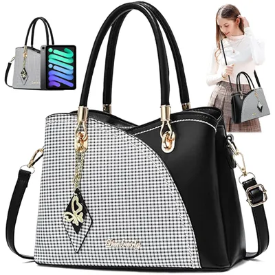 Produktbild von OKWISH Elegante Damen Handtasche mit Karomuster,große Schultertasche mit abnehmbarem Schultergurt,modische Tote Bag für Arbeit,Freizeit & Alltag