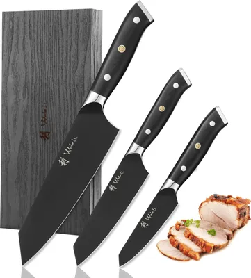 Produktbild von Wakoli Titanium Noir 3er Set mit 8-17cm Klingen, G10 Griff, in Holzbox, Küchenmesserset & Profi Kochmesser