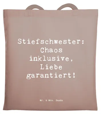 Produktbild von Mr. & Mrs. Panda Tote Bag Spruch Stiefschwester Liebe - Braun Pastell - Geschenk, dokumententasche, Geschwisterbeziehung, Geschenke, Familienleben, Handarbeit, Familie