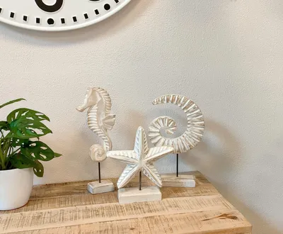 Produktbild von Holz Skulptur weiß- braun Dekofigur Tisch-Deko Maritim Mediterran Meeresdeko 3er Set - Seepferd, Muschel und Seesternchen