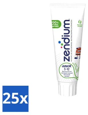 Immagine prodotto di 25 confezioni di dentifricio Zendium Junior, per bambini dai 5 ai 12 anni, formato da 75 ml. Confezione , 25 pezzi