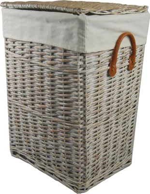 A wicker laundry basket with a fabric liner and lid.
