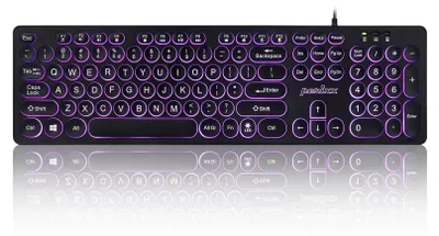 A black keyboard with round, illuminated keys is shown against a light gray background with a reflection.