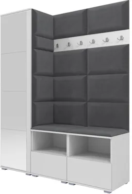 A white and dark gray corner entryway storage unit with a bench and coat hooks.