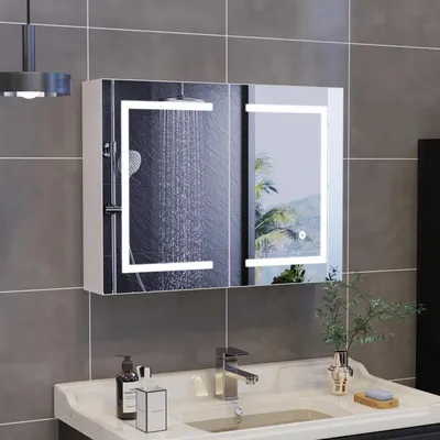 Produktbild von Badezimmerspiegelschrank - Wandmontage mit LED-Beleuchtung - Hängeschrank mit Stauraum und Ablagen - Glas - 60 x 80 cm