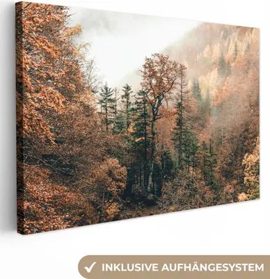 Produktbild von MuchoWow® - Leinwandbilder - Natur - Wald - Nebel - Herbst, Wandbild, Wanddeko Bilder Wohnzimmer, 120x80 cm
