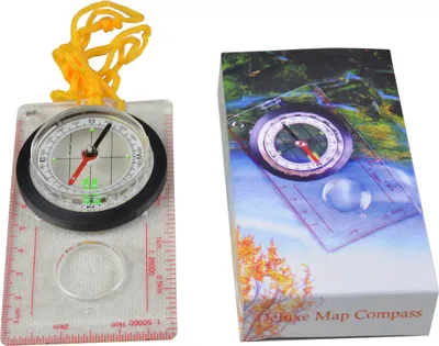 Produktbild von Wanderkompass 125 mm, flüssigkeitsgefüllt, mit Lupe, 2°-Skala, phosphoreszierender Spitze, Lineal & Kartenmaßstab