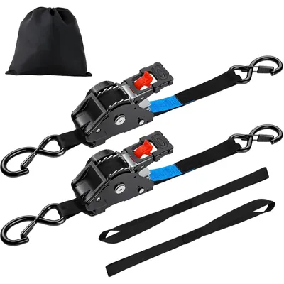 Image de Sangles de tension automatiques rétractables - Sangles de fixation de charge - Lot de 2 - 3 mètres - 25 mm - Charge de rupture : 698 kg - Crochet en S - Noir