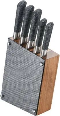 Produktbild von 6 tlg. Messer-Set aus Edelstahl mit Holzblock in Carbon Optik in Schwarz