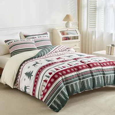 Obrázok produktu pre Sada posteľnej bielizne s motívom vianočného stromčeka, 200x200 cm, červená/zelená, mikrovlákno, 3-dielna