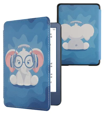 Produktbild von kwmobile Schutzhülle für Amazon Kindle (2022/2024) Hülle - eReader Flip Case mit Auto Sleep Funktion - Süßer Elefant mit Hellblau Dunkelblau Grau