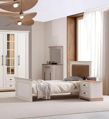 Produktbild von Weiße Schlafzimmergarnitur Edles Einzelbett Holzschrank Schminktisch