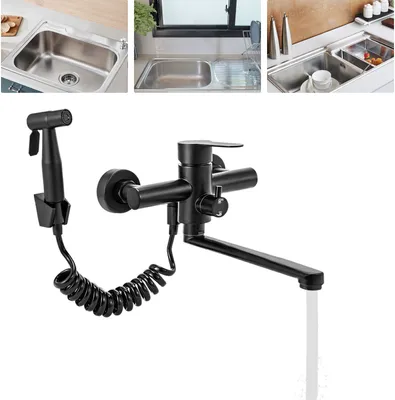 A collage of kitchen sinks and a black wall-mounted faucet with a sprayer.