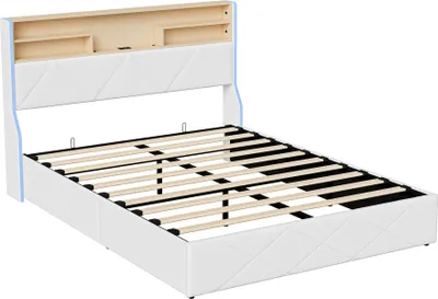 Produktbild von UnboxG Polsterbett 160x200cm mit USB-Anschlüssen, Jugendbett Doppelbett Stauraumbett mit LED, Hydraulisches Boxspringbett, PU, Weiß