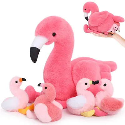Produktbild von Plüsch Flamingo sitzend 45cm mit 4 Baby im Bauch Rosa Stofftier Dekokissen Geschenk