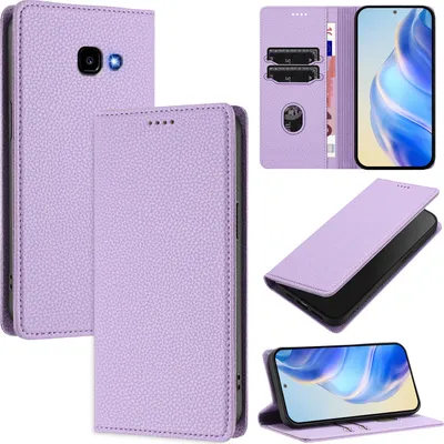 A collage of images showing a purple leather phone case with card slots and a stand function, displayed from different angles and in use.