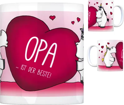 Produktbild von Einhorn Kaffeebecher mit Herz Motiv und Spruch: Opa ... ist der Beste! Tasse