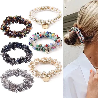 Productafbeelding van Set van 6 scrunchies, met parels, elastisch, haaraccessoire voor elke gelegenheid