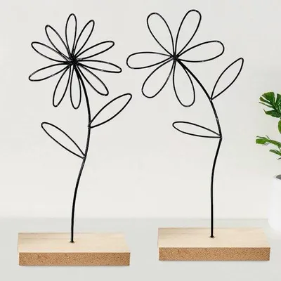 Image de Ibenzoa® Fleur métallique moderne sur socle en bois - Élégante décoration de table en métal avec une base en bois stable, idéale pour le salon, la chambre, le couloir et le bureau