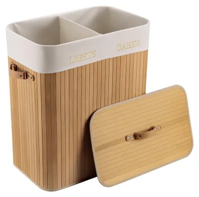 Produktbild von Wiltec Wäschebox 105 L natur Wäschekorb mit Deckel aus Bambus faltbare Wäschebox mit Leinensack mit 2 Fächern zum Sortieren von Schmutzwäsche