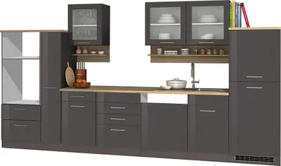 Produktbild von Küchenzeile komplett 370 cm grau MARANELLO-03 , Anthrazit Hochglanz ohne E-Geräte B x H x T ca. 370 x 200 x 60cm