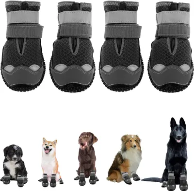 Produktbild von Hundeschuhe Pfotenschutz 4 Stück atmungsaktiv Hundeschuhe mit reflektierenden Bändern verstellbarem Klettverschluss für kleine mittlere große Hunde, Schwarz 5#, Breite 5.5cm