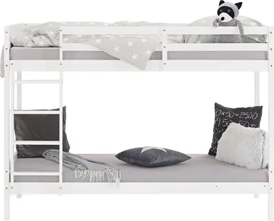 Produktbild von Homestyle4u Etagenbett 90x200 Hochbett mit Rausfallschutz mit Matratze mit ® Standard 100 Kinderbett mit Leiter Massivholz Kiefer Weiß
