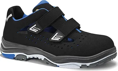 A black safety sandal with blue accents and two velcro straps.