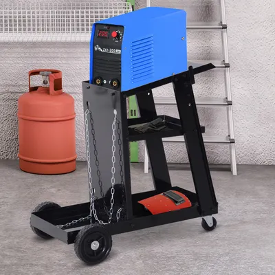 Produktbild von Schweißwagen 3 Ablagen mit Sicherheitskette, Rollwagen Gasflasche, Stahl pulverbeschichtet, Schwarz | 71 x 39 x 70 cm | bis 50 kg | 4 Rollen
