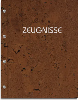 Produktbild von Zeugnismappe im dunklen Korkeinband mit hochwertigem Prägedruck in silber – handgefertigte Mappe für Zeugnisse inkl. 12 Sichthüllen