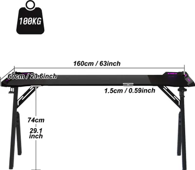 Produktbild von LZQ Gaming-Tisch Schwarz Kohlebeschichtung 160x60x74cm LED Kopfhörerhaken Getränkehalter Ergonomisch Stabil über 150kg