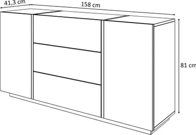 A line drawing of a black sideboard with dimensions indicated.