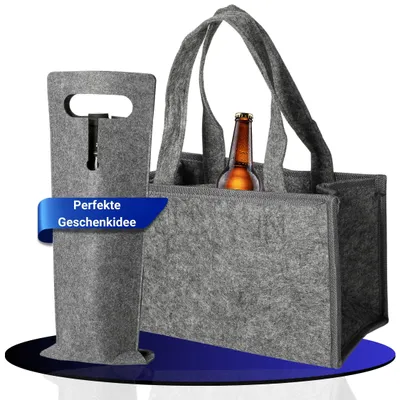 Produktbild von Filz Flaschenträger 6 Flaschen - Platz für Bierflaschen, Dosen, Weinflaschen uvm. - Männerhandtasche für unterwegs - Flaschen Organizer zum Einkaufen - Geschenkidee zu Weihnachten grau