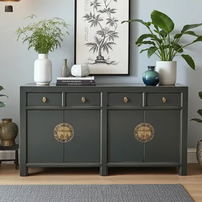 Image de Buffet Commode Armoire Buffet Meubles asiatiques en bois gris foncé chinois asiatique oriental style vintage entièrement monté