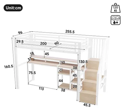 Produktbild von Hochbett - Metallrahmen - 90 x 200 cm - Integrierter Kleiderschrank und Stauraum - Platzsparend - Weiß - Ohne Matratze