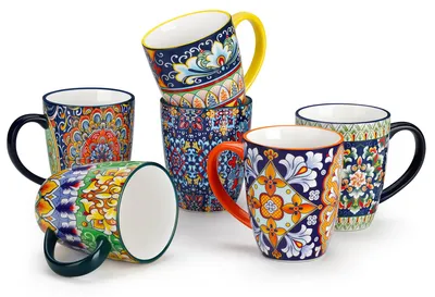 Mokkenset 6er, 340 ml, Keramik, Boho-Stil, spülmaschinenfest