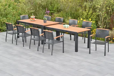 Produktbild von Merxx Gartenmöbel Set Tino 11tlg., 1 Stapelsessel, Flex Ausziehtisch 180 (180) x 100 (83) x 80 (74) cm- Aluminium/Akazie