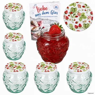 Produktbild von 6er Frutta Vaso Marmeladenglas 580ml Wald-Erdbeere Deckel TO82 Heft, KI-generiertes Bild