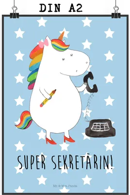 Produktbild von Mr. & Mrs. Panda Bild Einhorn Sekretärin DIN A2 - Blau Pastell - Geschenk, wanddeko, Unicorn, Einhörner, drucke, Steuerkanzlei, Wandbild, Plakat, Büro, kunstdruck poster