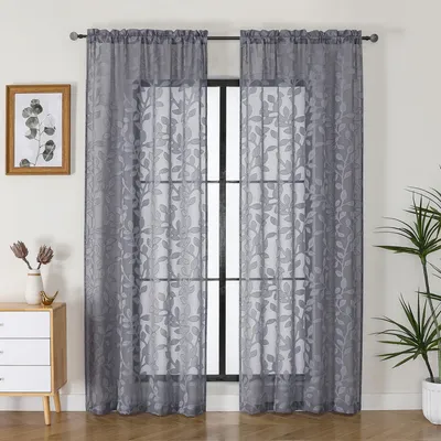 Productafbeelding van OVZME grijze, transparante gordijnen voor de woonkamer, met jacquard-clips en een bladmotief