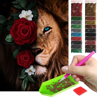 Produktbild von ARTULIO - Diamond Painting Set - Löwe Porträt mit Roten Rosen - 40 × 30 cm - Crystal Art, 5D Diamant Painting, Komplettset Mosaik + Zubehör
