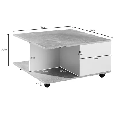 Produktbild von WOHNLING Design Couchtisch 70x70 cm Zementgrau / Weiß Wohnzimmertisch mit 2 Schubladen Sofatisch mit Rollen Tisch mit 2 Fächern