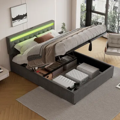 Produktbild von MODFU Boxspringbett Hydraulisches 160 x 200 mit LED,Polsterbett mit USB- und Typ-C-Ladeanschluss,Doppelbett mit Bettkasten Stauraum,ohne Matratze,Grau